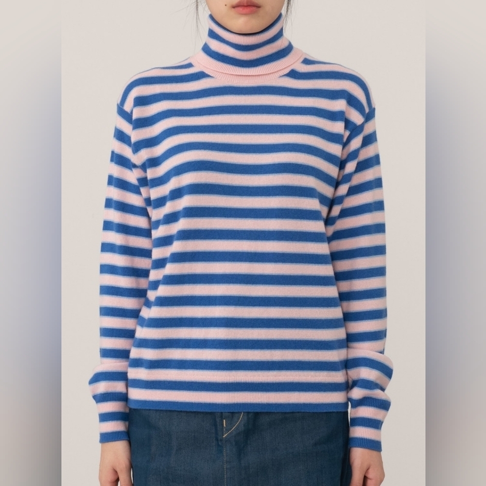 MARNI x UNIQLO Cashmere Striped Pink Blue Turtleneck Sweater Small - Picture 2 of 10